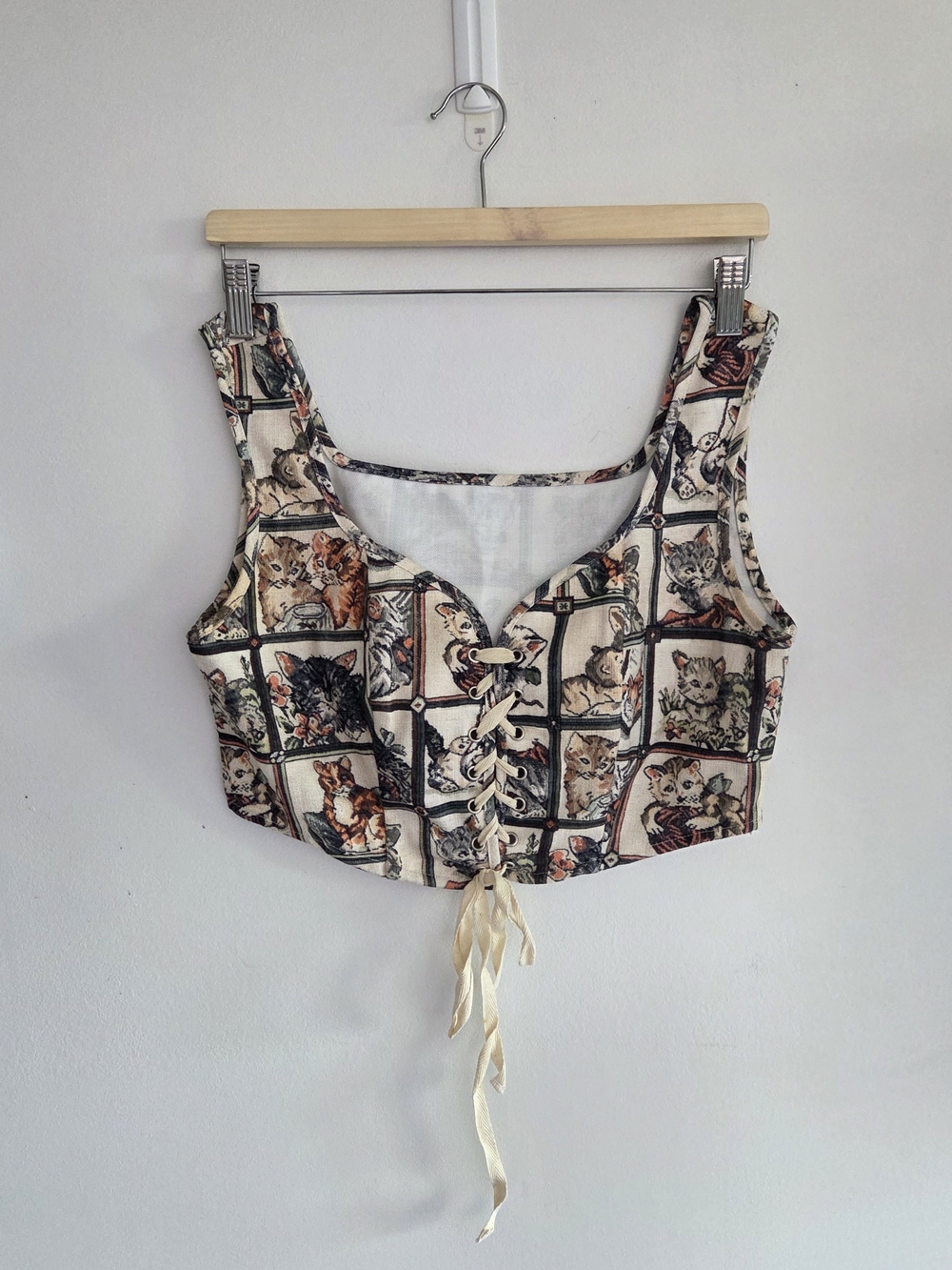 Cider Cream Lace-Up Crop Top with Cat Panel Print